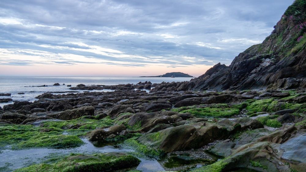 Rock pools at Plaidy Beach in Cornwall.